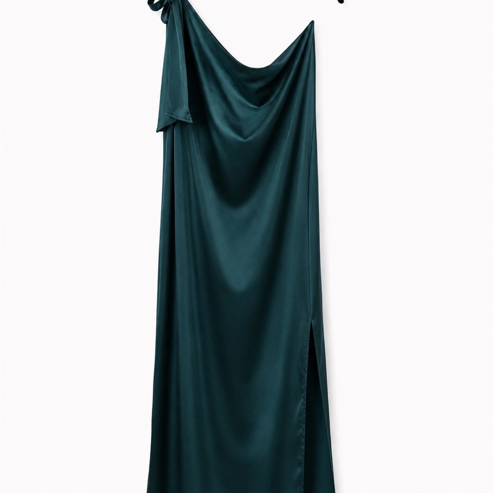 Vici One-Shoulder Satin Maxi Dress in Teal Green